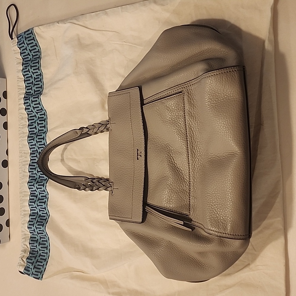 Large Tory Burch Half Moon Satchel in French Gray Soft Leather